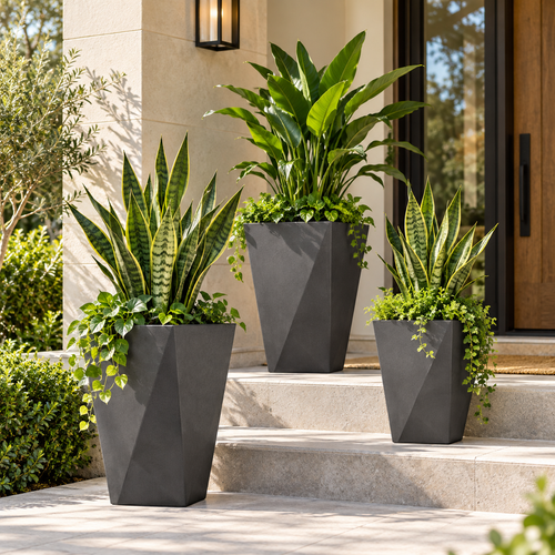 Indoor Outdoor MgO Tall Planter Set of 3 Stackable Flower Pots with Drainage Holes for Garden Patio Balcony Entryway and Home Décor