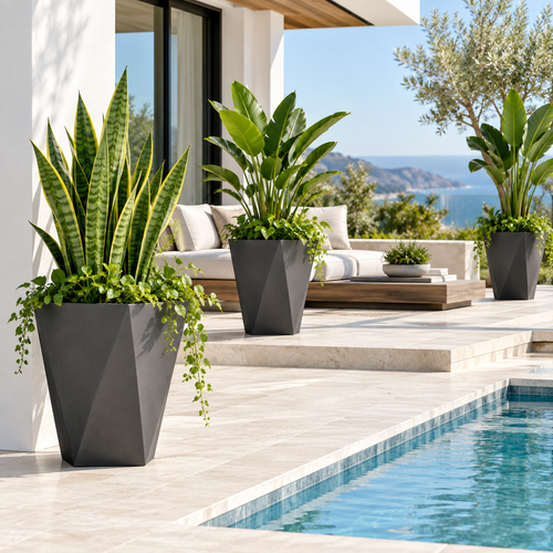 Indoor Outdoor MgO Tall Planter Set of 3 Stackable Flower Pots with Drainage Holes for Garden Patio Balcony Entryway and Home Décor