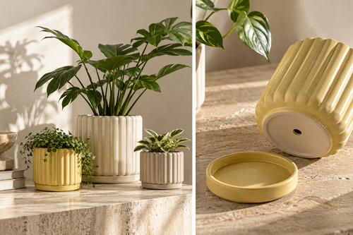 Modern Ribbed Ceramic Planter Pot with Drainage Hole and Tray for Indoor Plants, Succulents, Flowers, Desktop, Shelf and Home Décor