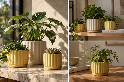 Modern Ribbed Ceramic Planter Pot with Drainage Hole and Tray for Indoor Plants, Succulents, Flowers, Desktop, Shelf and Home Décor