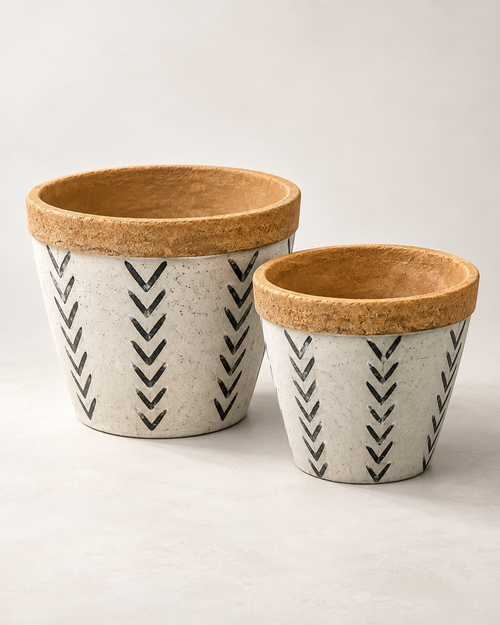 Set of 2 Cement Planter Pots with V Pattern for Indoor Outdoor Plants, Flowers, Succulents, Patio, Tabletop and Home Décor