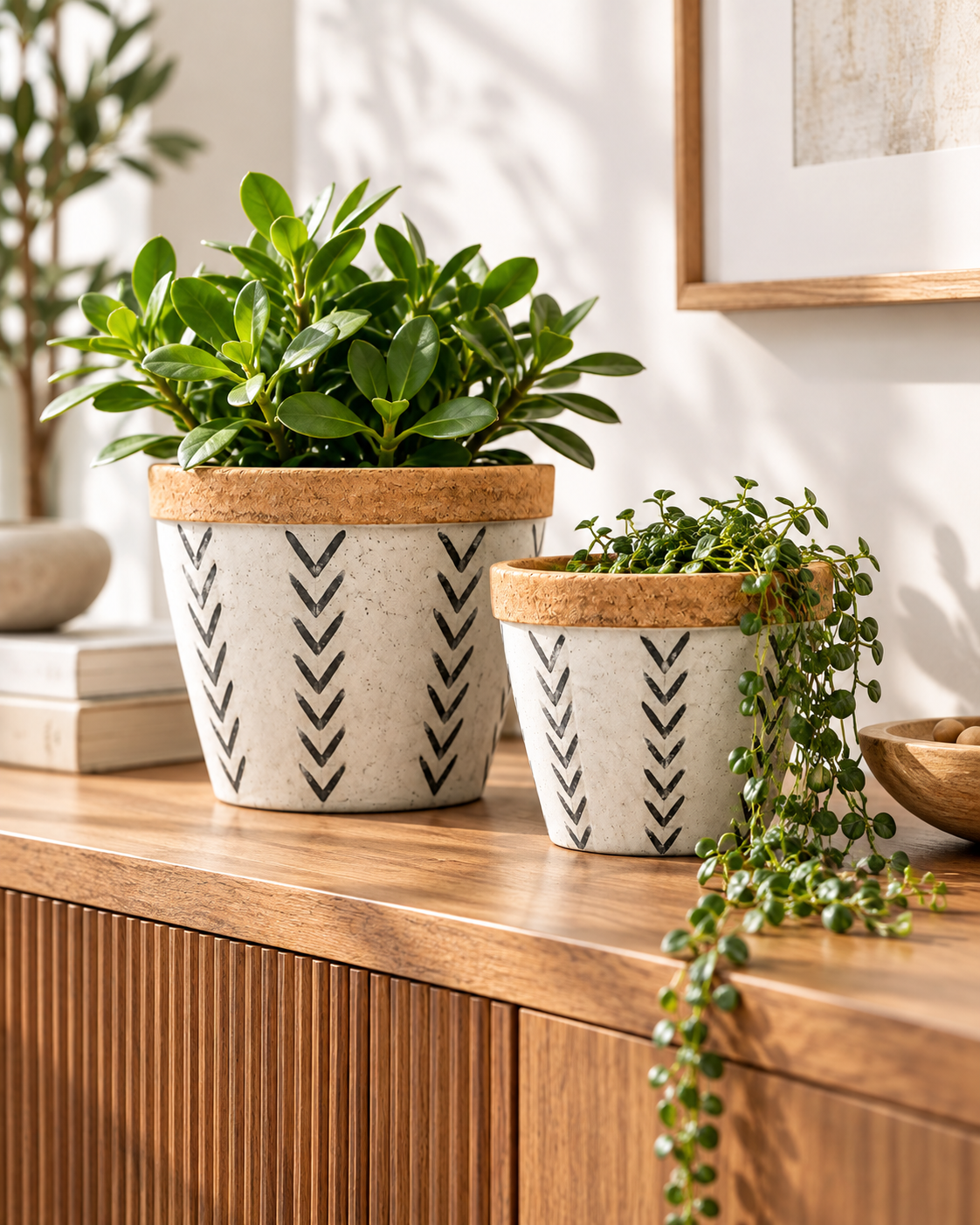 Set of 2 Cement Planter Pots with V Pattern for Indoor Outdoor Plants, Flowers, Succulents, Patio, Tabletop and Home Décor