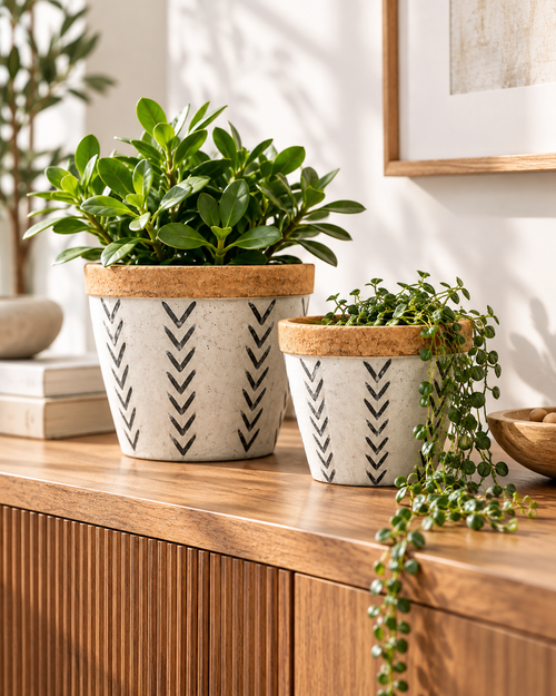 Set of 2 Cement Planter Pots with V Pattern for Indoor Outdoor Plants, Flowers, Succulents, Patio, Tabletop and Home Décor