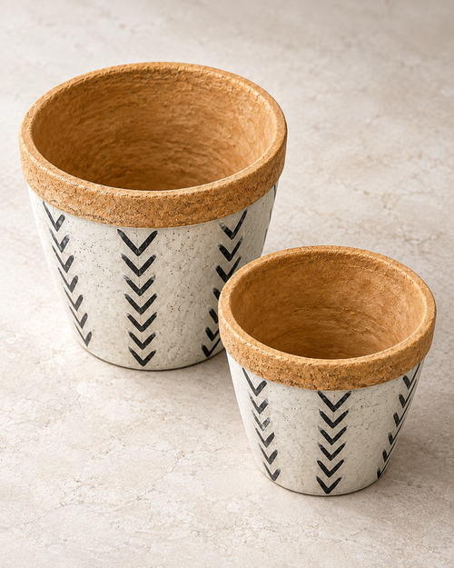 Set of 2 Cement Planter Pots with V Pattern for Indoor Outdoor Plants, Flowers, Succulents, Patio, Tabletop and Home Décor
