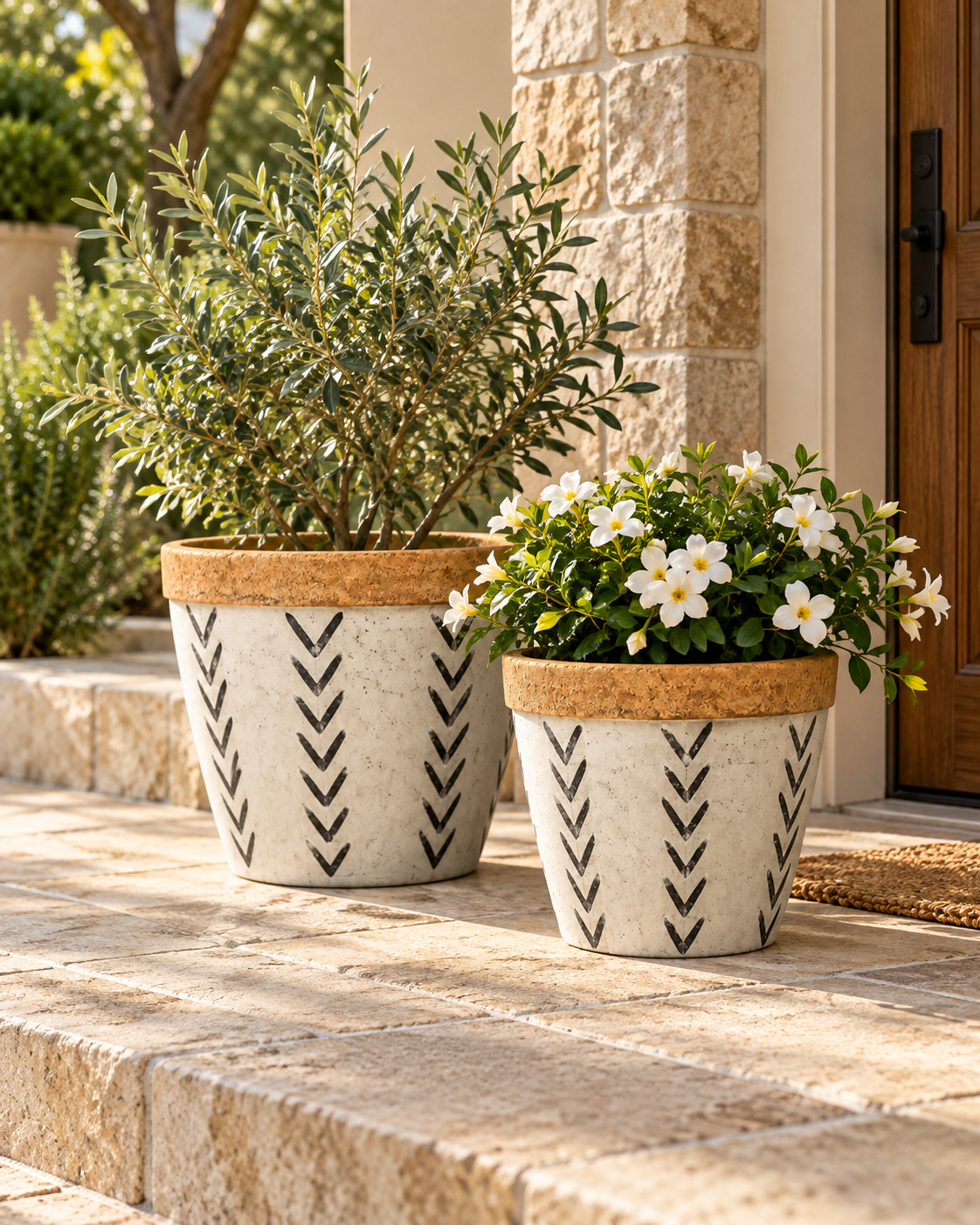 Set of 2 Cement Planter Pots with V Pattern for Indoor Outdoor Plants, Flowers, Succulents, Patio, Tabletop and Home Décor