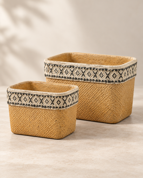 Set of 2 Rectangular Cement Basket Planters with Geometric Trim for Indoor Outdoor Plants, Flowers, Herbs, Patio and Home Décor