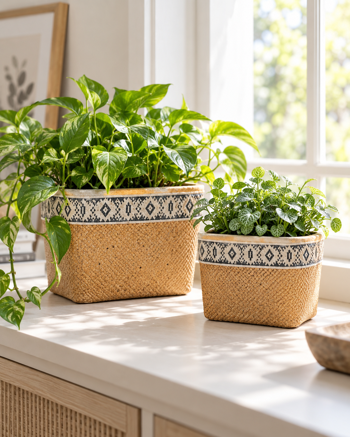 Set of 2 Rectangular Cement Basket Planters with Geometric Trim for Indoor Outdoor Plants, Flowers, Herbs, Patio and Home Décor
