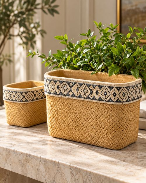 Set of 2 Rectangular Cement Basket Planters with Geometric Trim for Indoor Outdoor Plants, Flowers, Herbs, Patio and Home Décor