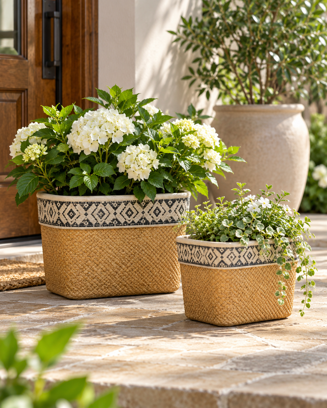 Set of 2 Rectangular Cement Basket Planters with Geometric Trim for Indoor Outdoor Plants, Flowers, Herbs, Patio and Home Décor