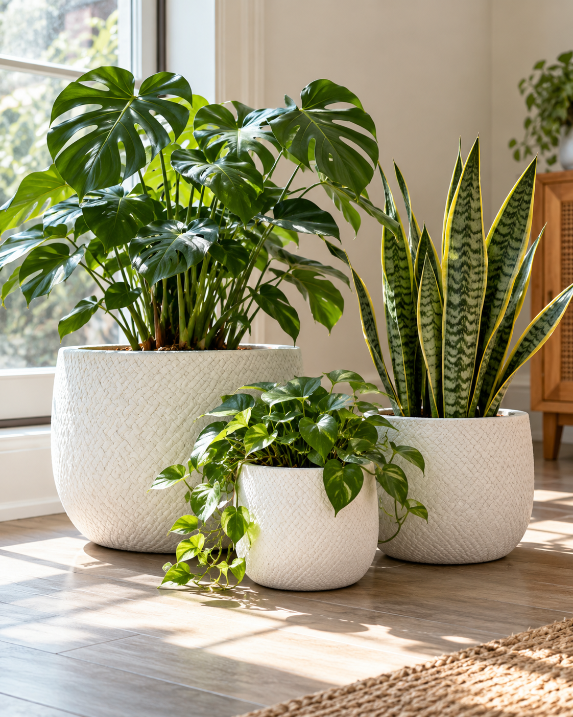 Set of 3 Round Magnesium Oxide Planters with Woven Texture and Drainage Holes for Indoor Outdoor Plants, Patio, Porch, Garden and Home Décor