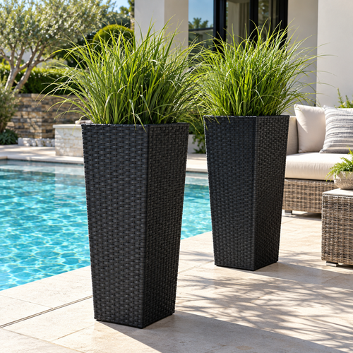 2PCS 32 Inch Tall Planter Resin Rattan Texture Modern Rectangular Tall Plant Pot With Removable Inner Pots Drainage Holes For Porch Garden Yard Black
