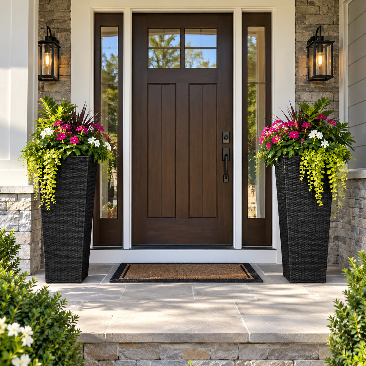 2PCS 32 Inch Tall Planter Resin Rattan Texture Modern Rectangular Tall Plant Pot With Removable Inner Pots Drainage Holes For Porch Garden Yard Black