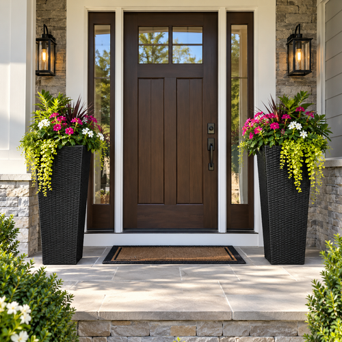 2PCS 32 Inch Tall Planter Resin Rattan Texture Modern Rectangular Tall Plant Pot With Removable Inner Pots Drainage Holes For Porch Garden Yard Black