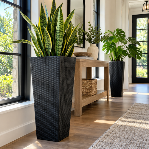 2PCS 32 Inch Tall Planter Resin Rattan Texture Modern Rectangular Tall Plant Pot With Removable Inner Pots Drainage Holes For Porch Garden Yard Black