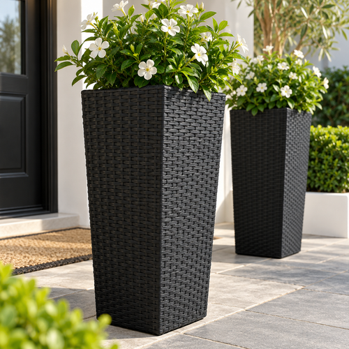 2PCS 32 Inch Tall Planter Resin Rattan Texture Modern Rectangular Tall Plant Pot With Removable Inner Pots Drainage Holes For Porch Garden Yard Black
