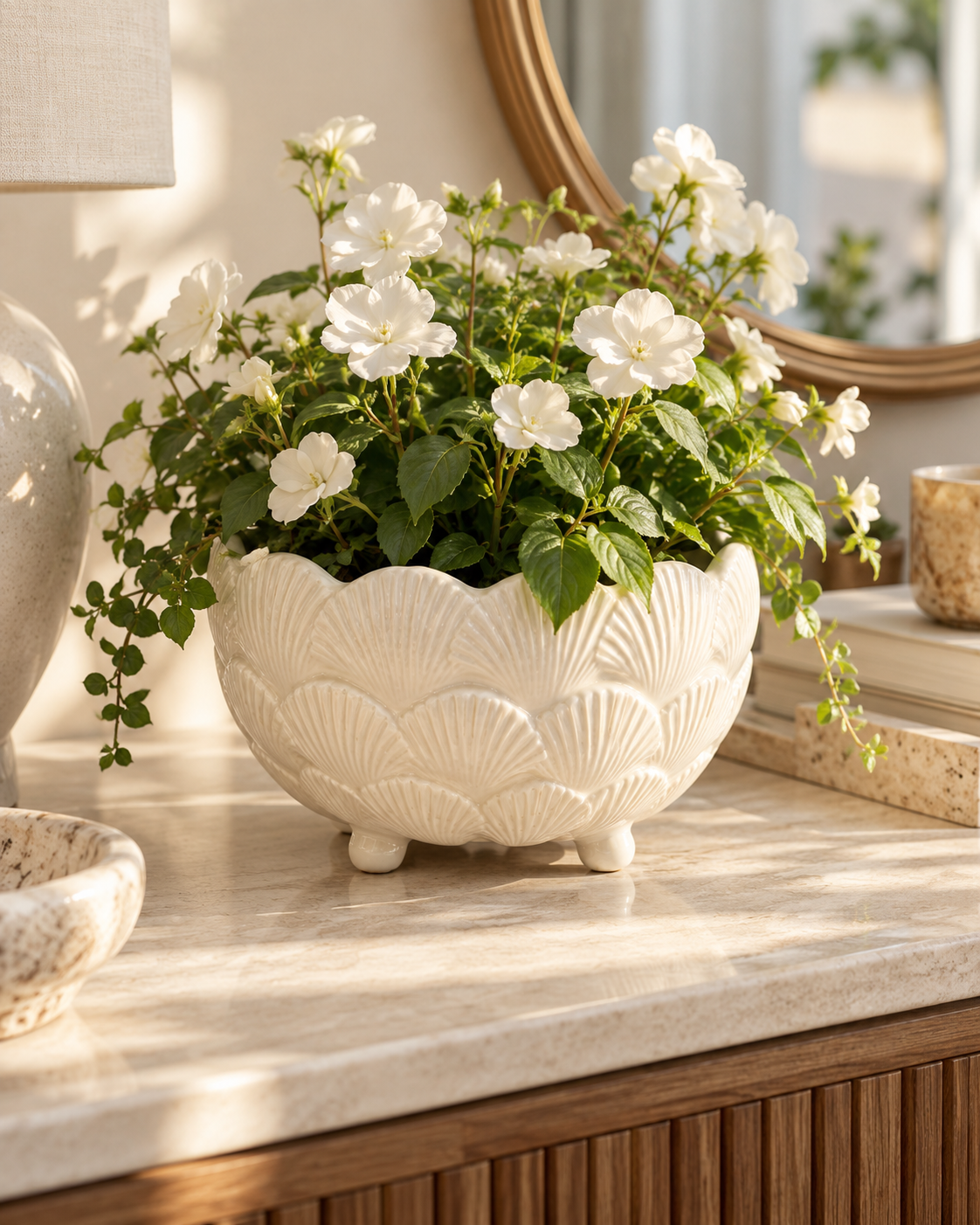 8-Inch Ceramic Clam Shell Planter Pot with Scalloped Edge, Drainage Hole and Raised Feet for Flowers, Succulents, Indoor Outdoor Patio and Home Décor