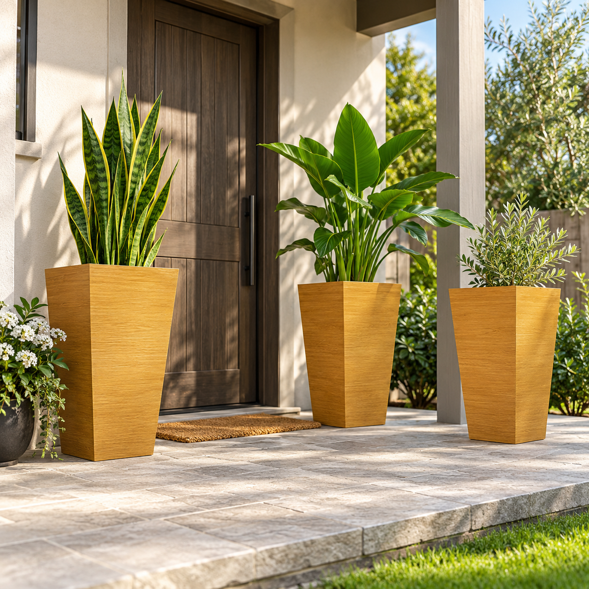 Set of 3 Tall 28-Inch Faux Wood Planters with Drainage Holes, Stackable Outdoor Indoor Flower Pots for Plants, Trees, Patio, Porch, Balcony and Garden