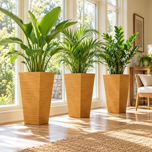 Set of 3 Tall 28-Inch Faux Wood Planters with Drainage Holes, Stackable Outdoor Indoor Flower Pots for Plants, Trees, Patio, Porch, Balcony and Garden