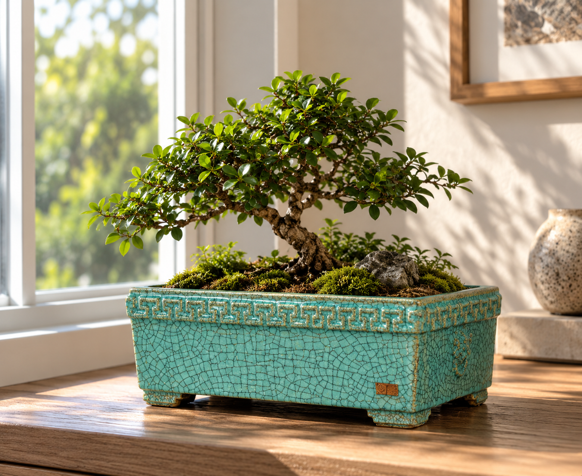 Rectangular Crackle Glaze Ceramic Planter Pot for Bonsai, Succulents, Indoor Plants, Tabletop Garden and Home Décor
